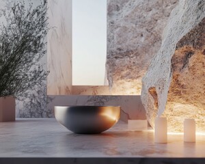 Poster - Minimalist Zen Sanctuary Sculptural Sound Healing Bowl in Warm Neutral Tones - Holistic Wellness Design for Mindful Lifestyle Branding and Therapeutic Spatial Aesthetics