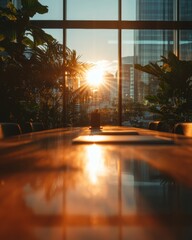 Poster - Golden Hour Biophilic Workspace Modern Corporate Wellness Design with Sunset Illumination - Inspiring Sustainable Office Environment for Creative Professionals