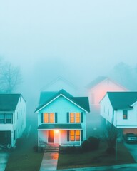 Aufkleber - Ethereal Suburban Dreamscape Pastel Architectural Minimalism Capturing Liminal Twilight Moments in Hyper-Realistic Urban Residential Aesthetic