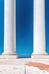 Poster - Minimalist Architectural Symmetry Neo-Classical White Columns Framing Azure Horizon - Innovative Design Perspectives in Urban Architectural