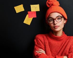 Leinwandbilder - Vibrant Creative Professional Gen Z Designer in Bold Knitwear Showcasing Minimalist Workplace Innovation with Productive Post-It Strategy