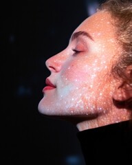 Aufkleber - Immersive Digital Ethereal Gen Z Aesthetic Exploring Holographic Skin Texture with Soft Glitch Overlay - Futuristic Beauty Technology and Creative Visual Experience