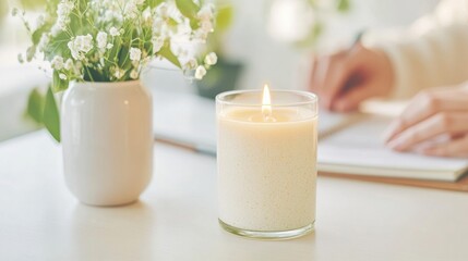 Poster - Mindful Productivity Sanctuary Soft-Light Wellness Candle in Minimalist Home Office - Tranquil Gen Z Work-Life Balance and Stress Relief Aesthetic