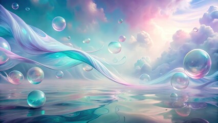 Wall Mural - Ethereal Bubbles Drifting Across a Serene, Pastel-Colored Landscape Reflecting in a Calm Body of Water