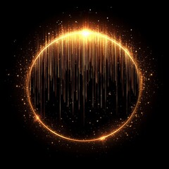 Poster - Golden Cosmic Circle with Falling Light Streaks and Sparkles on Black Background