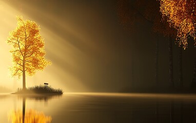 Wall Mural - golden tree on a misty lake