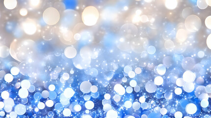Shimmering blue and silver bokeh background with blurred lights and sparkles . AI generative