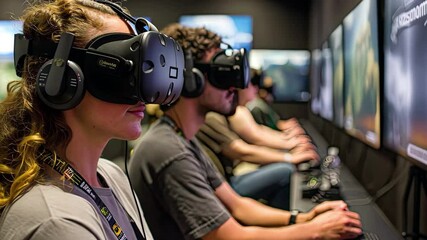 Poster - Engaging gamers exploring virtual reality experiences at an interactive exhibition in 4k quality