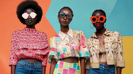Poster - Fashion models showcase colorful sunglasses and vibrant attire in modern urban setting