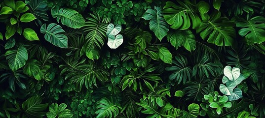 creative nature green background, tropical leaf banner or floral jungle pattern concept.