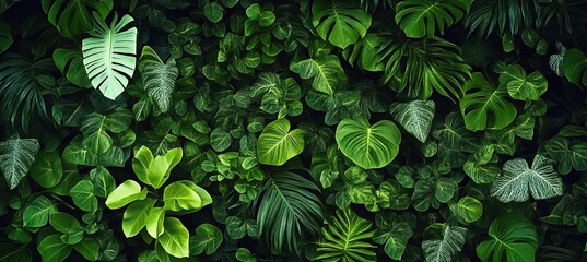 Creative nature green background, tropical leaf banner or floral jungle pattern concept.	