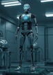 © NguyenHaiPhuong - Humanoid Robot Teal Light Futuristic Lab Setting. AI Generated