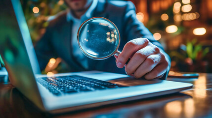 Electronic document check and data information searching online Depicts a businessman using a magnifying glass on a laptop screen symbolizing online file management and data accuracy