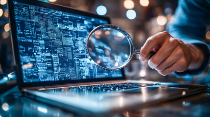 Electronic document check and data information searching online Depicts a businessman using a magnifying glass on a laptop screen symbolizing online file management and data accuracy