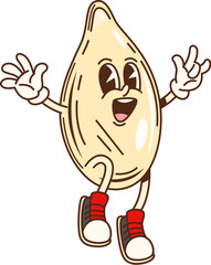 Poster - Cartoon groovy pumpkin seed character strikes a lively pose with cheerful and playful hands up gesture, exuding happiness and charm. Isolated vector retro food personage promotes healthy eating
