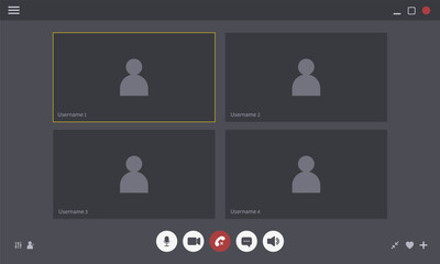 Videocall User Interface. Video chat screen template. Online chat with avatar and buttons for mobile, computer, laptop. Flat Vector illustration.