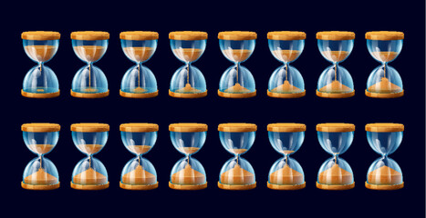 Hourglass or sandglass animation sprite sheet, vector game UI countdown timer. Cartoon vintage hourglass, sand clock or sandglass with falling sand. Running countdown timer animation sequence frame