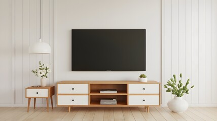  Modern Living Room: Clean lines and minimalist design characterize this modern living room, featuring a sleek television mounted above a wooden cabinet, accented by elegant decor and natural light.