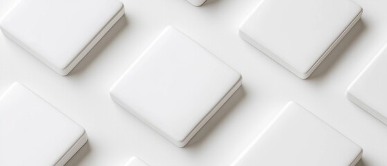 Group of white square-shaped objects arranged in a scattered pattern on a white surface. the objects appear to be made of a smooth, glossy material and have a smooth texture.