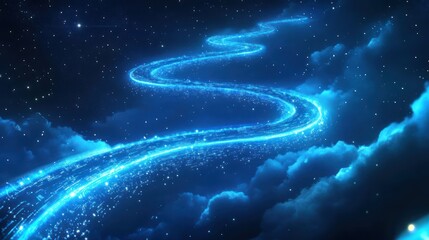 Wall Mural - A glowing blue path winding through the night sky and clouds