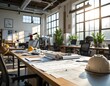 © Ihlas - Architectural workspace with hard hat and project papers in sunlit office