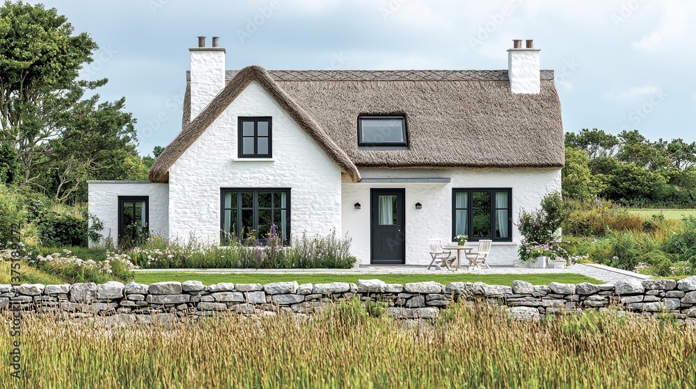 charming white cottage with thatched roof, surrounded by stone wall and ...