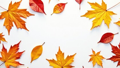 Wall Mural - delicate autumn leaves scattered on white surface, isolation, whiteness, earthy