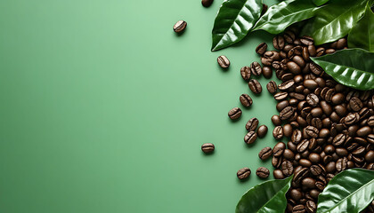 flat lay coffee beans with green leaves against matte green background, studio shot