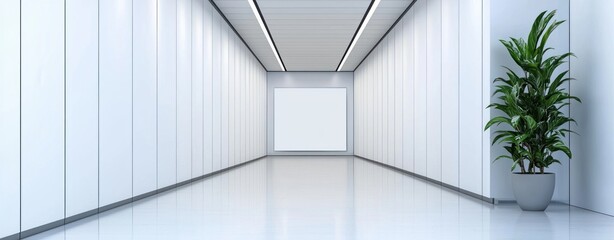 Poster - A minimalist white hallway features a blank wall and a potted plant adding a touch of nature to the modern, sleek interior design.