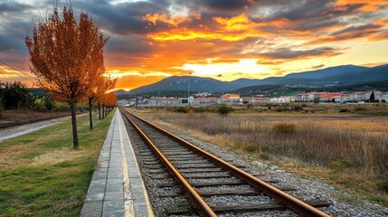 Poster - Scenic railway tracks at sunset with autumnal trees and distant mountains.