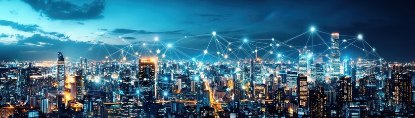 Poster - A futuristic cityscape at night showcases a complex network of interconnected glowing nodes representing digital technology and communication network