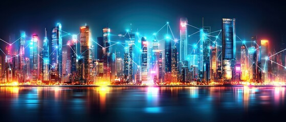 Fototapete - A vibrant futuristic cityscape at night showcases interconnected skyscrapers with glowing digital network lines.