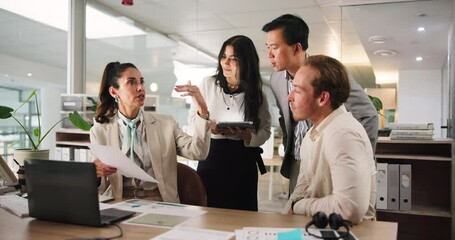 Aufkleber - Conversation, laptop or business people in office, meeting or teamwork for company audit. Group, financial advisor or consultant in workplace, cooperation or PC with accounting or planning for budget