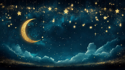Wall Mural - night sky serenade: a celestial panorama unfolds, with a radiant crescent moon and twinkling stars a