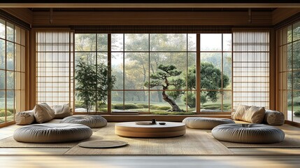 Aufkleber - Serene Japanese-style room with floor seating, low table, and large windows overlooking a garden.