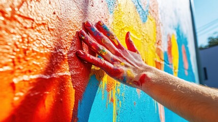 Leinwandbilder - A hand painted with vibrant colors adds finishing touches to a large outdoor mural artwork.
