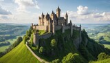 Panoramic view of castle in mountains and historic city with medieval architecture
