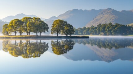 Poster - Serene sunrise over calm lake with tree reflections and distant mountains.