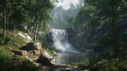 Poster - Serene waterfall cascading down rocky cliffs into a tranquil pool, surrounded by lush greenery and sunlight filtering through trees.