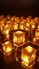 Poster - Glowing Transparent Cubes Reflecting Warm Light in a Dark Setting, Creating an Intriguing Abstract Visual Composition