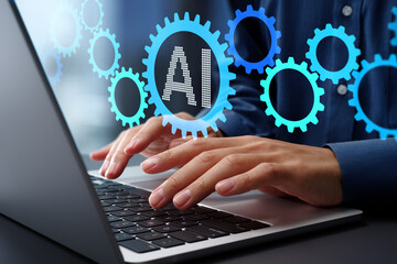 Wall Mural - ai powered automation for business process and workflow. many gear icons. businessman using laptop c