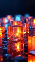 Fototapete - Glowing Transparent Cubes Reflecting Warm Light in a Dark Setting, Creating an Intriguing Abstract Visual Composition