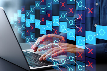 Fototapete - Strategic thinking to find correct solution. Roadmap for achieving objectives. Engineer using laptop computer with trial and error approach.