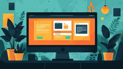 Vibrant Workspace: Modern Desktop with  Plants and  Web Design Interface