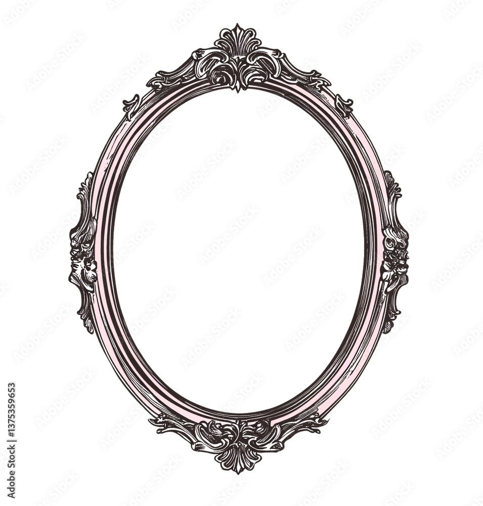 Black and white line art of an oval-shaped vintage frame, clipart on a ...