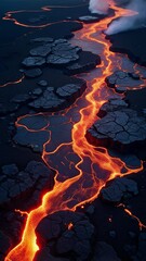 Aufkleber - Molten Lava Flow Glowing in Bright Orange and Red Shades over Dark Volcanic Rock Surface Captured from Above in Majestic Natural Display