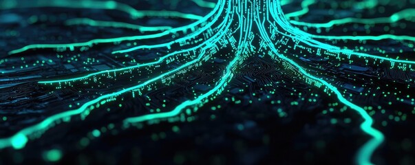 Cyberpunk biotech in high-tech sci-fi nature fusion concept. Abstract neon circuit pattern with glowing lines and dots.