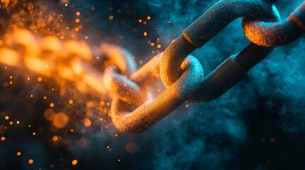 A digital link concept based on blockchain technology that features reflective properties and displays vibrant yellow and blue colors through its binary code