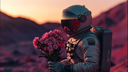 Wall Mural - Astronaut holding flowers in surreal landscape on new planet at sunset  