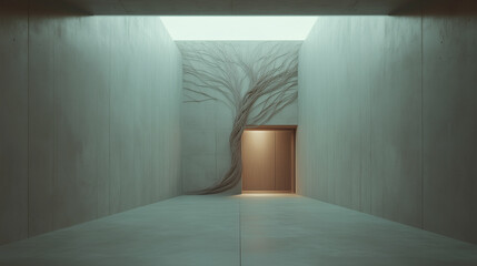 Wall Mural - Modern minimalist interior featuring a sculptural tree design and a wooden door in a serene concrete space Generative AI